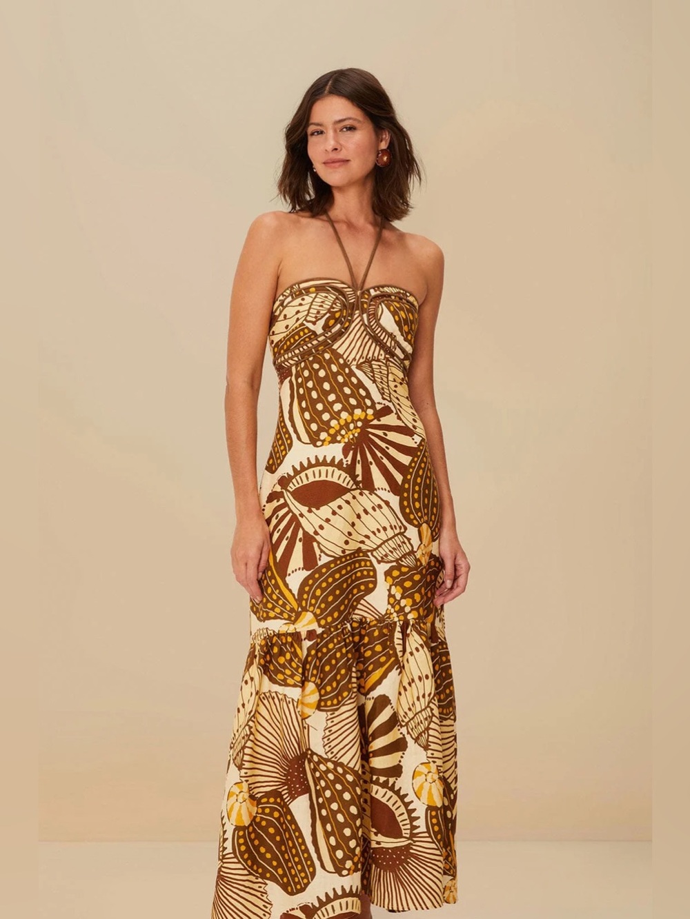 FARM Rio Cream, Brown & Mustard Floral Strapless Maxi Dress